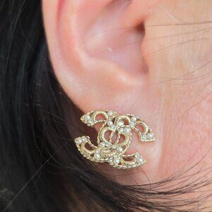 Chanel CC Filagree Faux Pearl Earrings